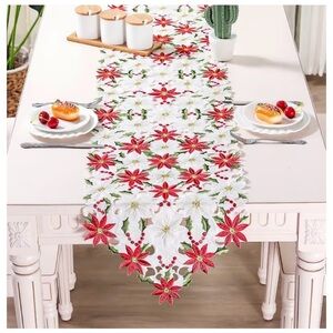 NEW (NIP) Christmas Poinsettia Embroidered Table Runner, 15” x 70”
